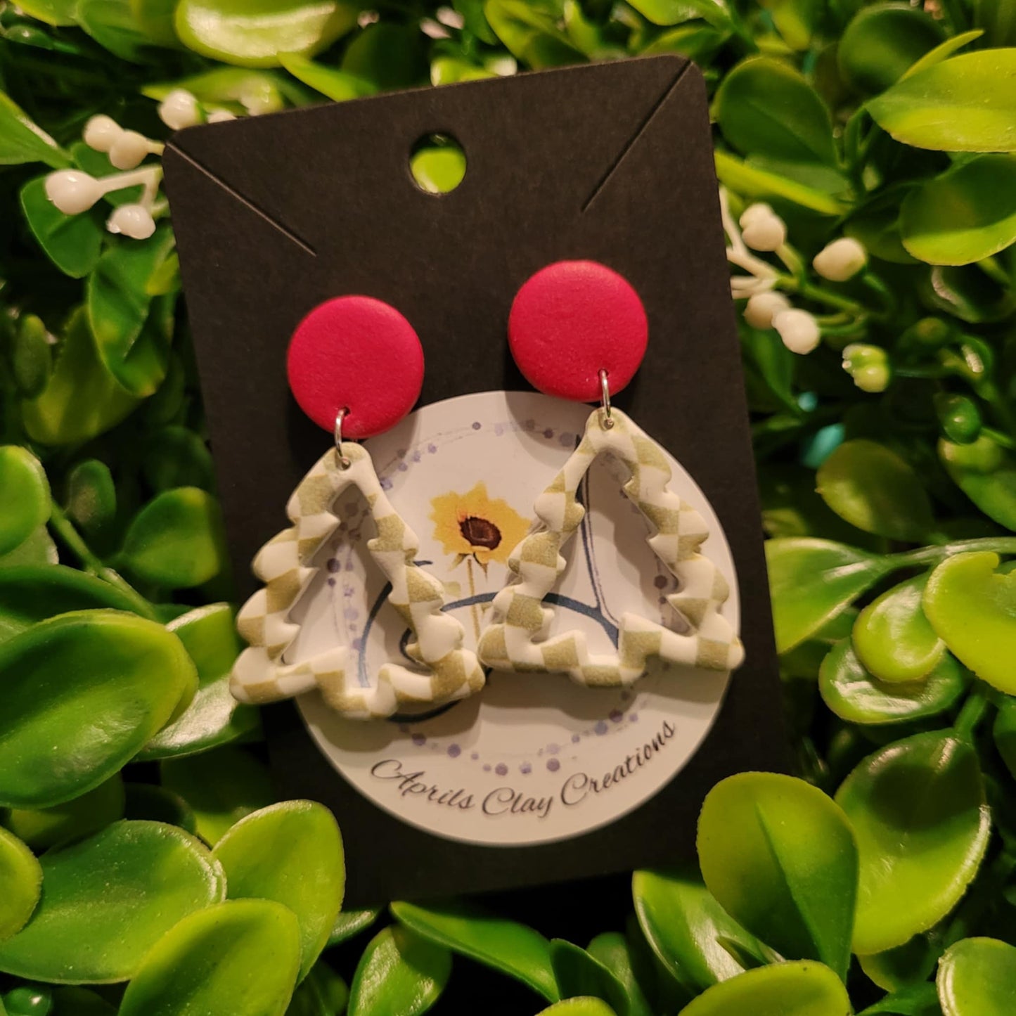 Plaid Christmas Tree Polymer Clay Earrings w/ red circle stud