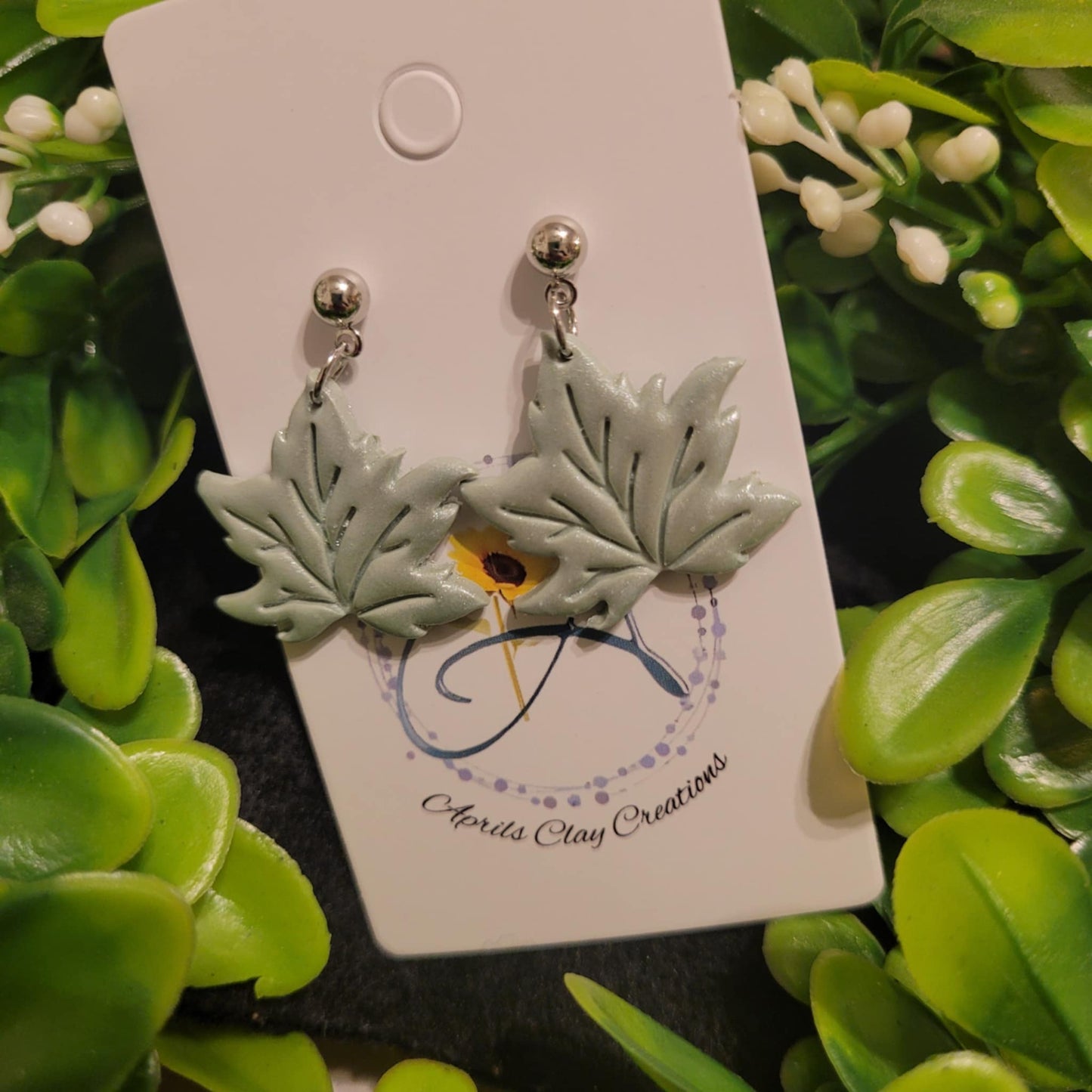 Light Sage Leaves Polymer Earrings w/ silver ball