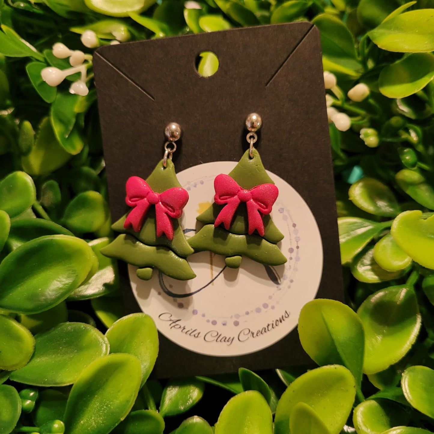 Christmas Tree w/ Bow Polymer Clay Earrings w/ silver ball stud #2