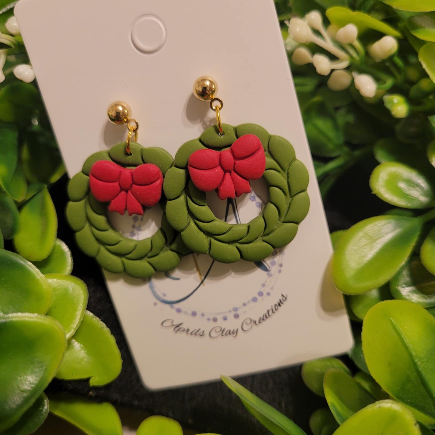 Wreath Polymer Earrings w/ gold ball stud #1