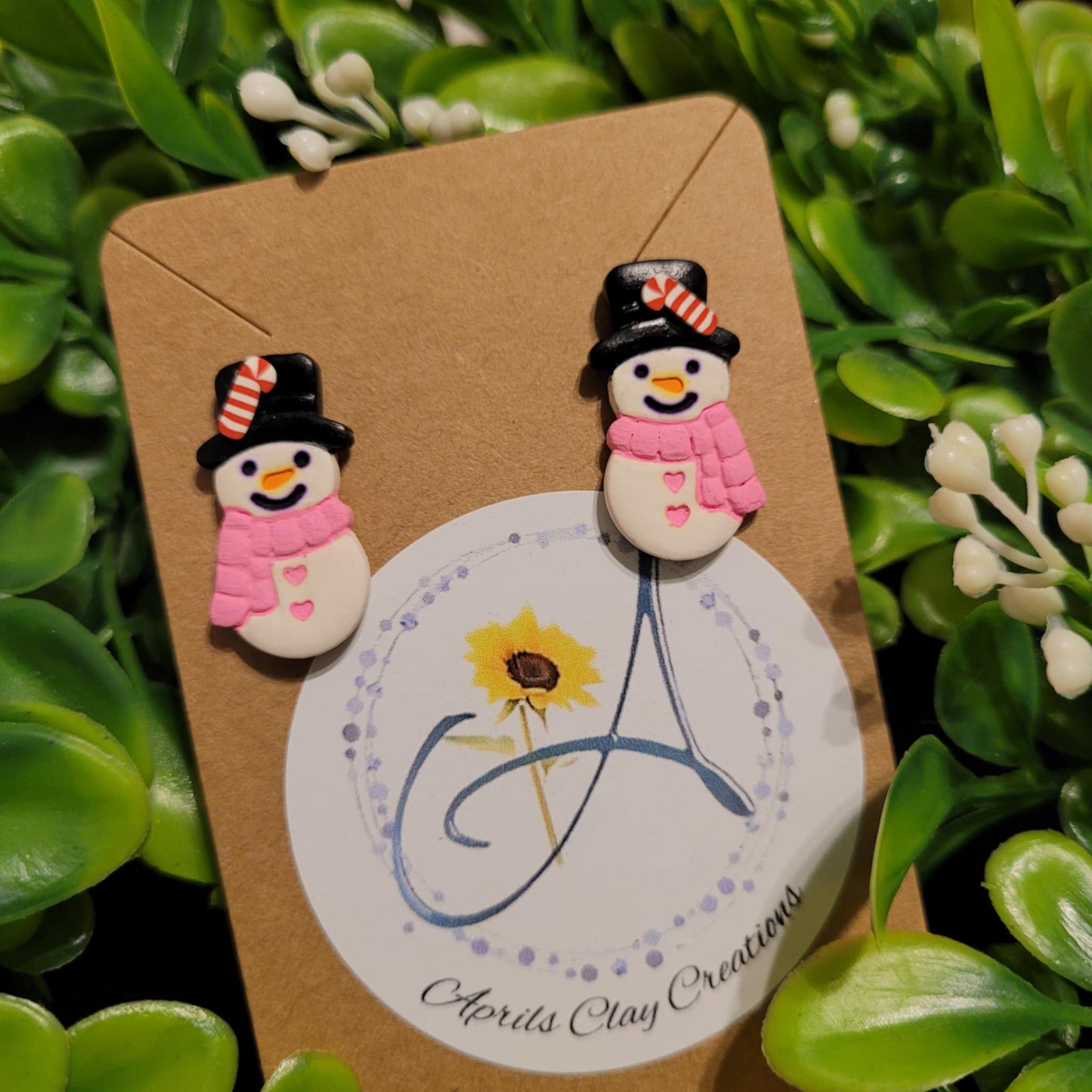 Polymer Clay Earring Studs Pink Snowman