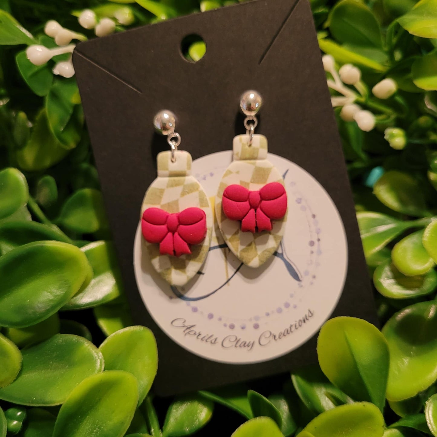 Plaid Christmas Light w/ Red Bow Polymer Clay Earrings w/ silver ball stud