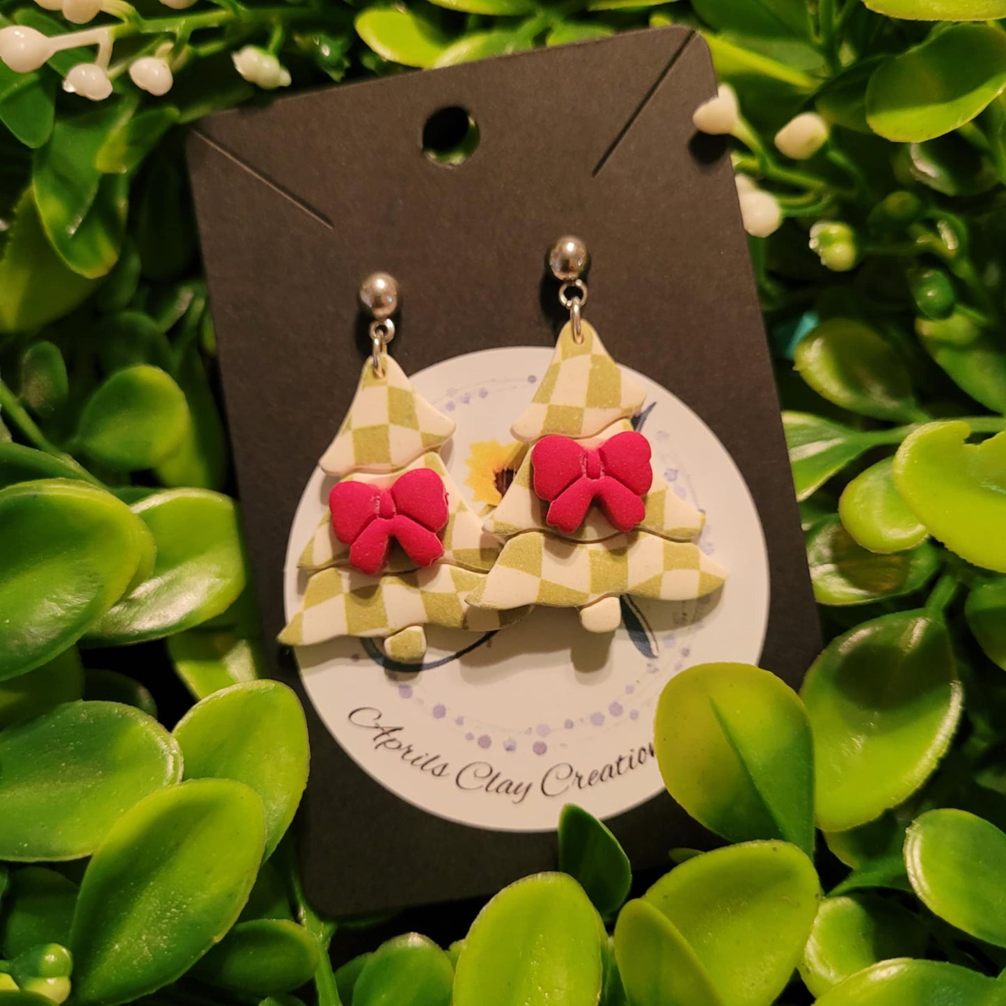 Plaid Christmas Tree w/ Red Bow Polymer Clay Earrings w/ silver ball stud