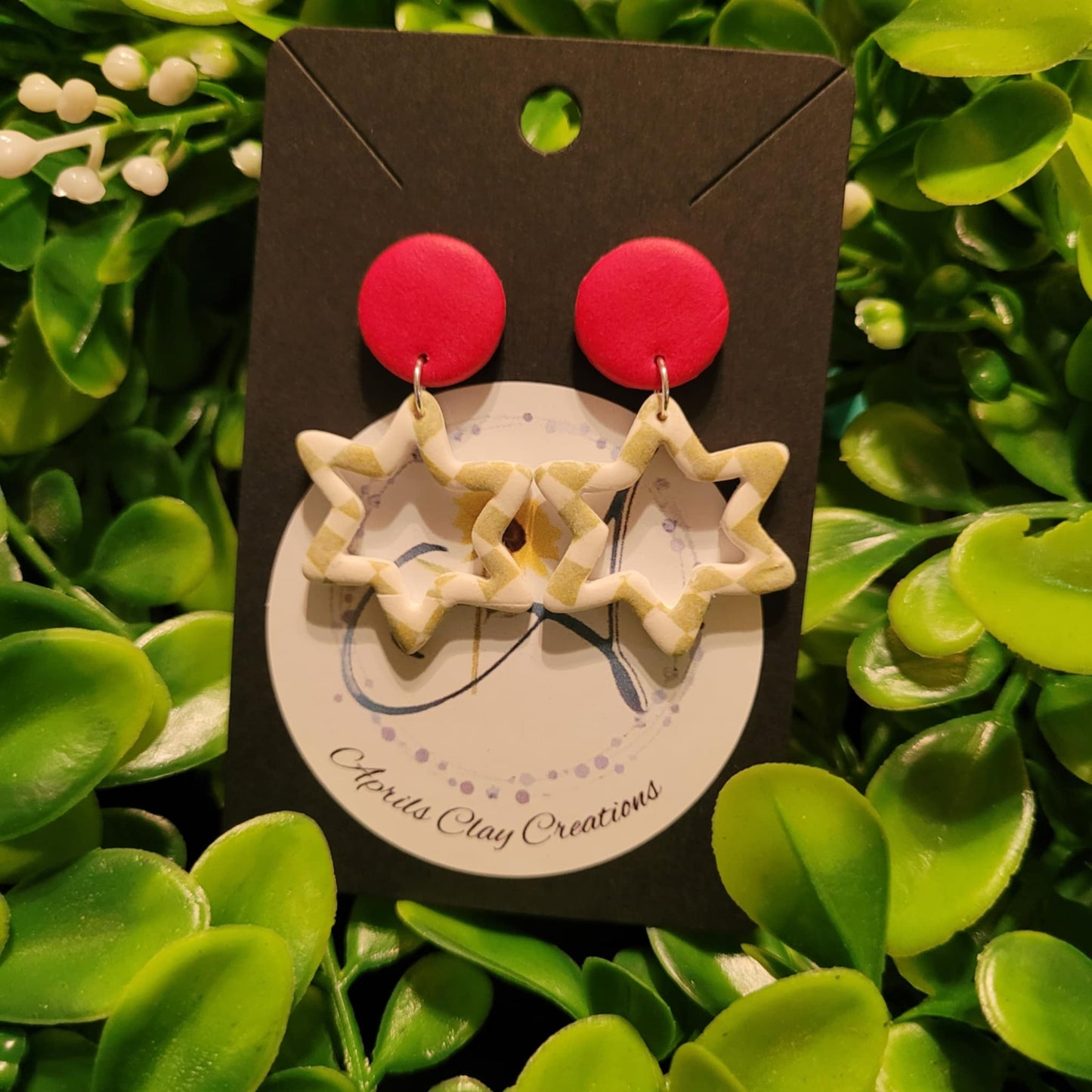 Plaid Christmas Star Polymer Clay Earrings w/ red circle stud