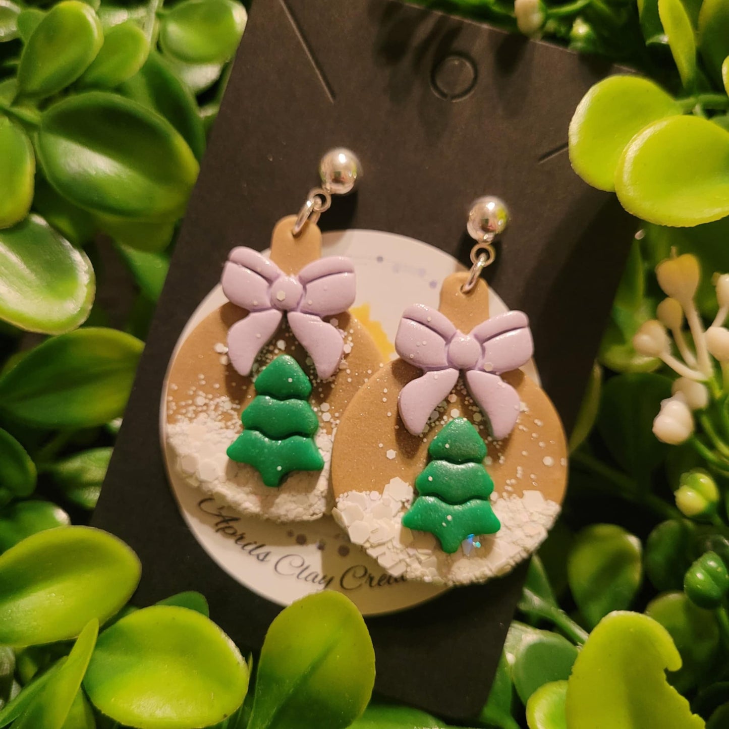 Snowglobe with Lilac bow Polymer Clay Earrings w/ silver ball stud