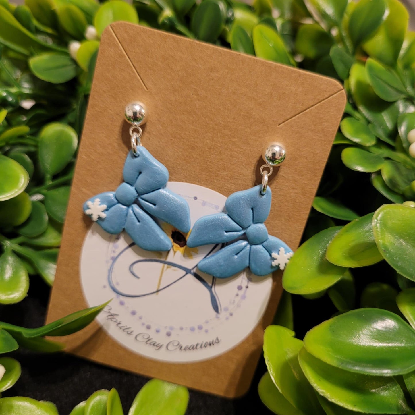 Blue Snowflake Bow Polymer Clay Earrings w/ silver ball stud