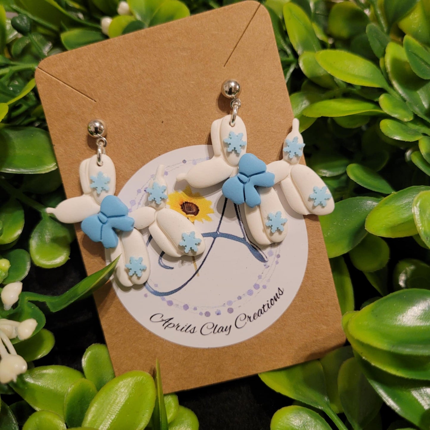 Snowflake Balloon Dog Polymer Clay Earrings w/ silver ball stud