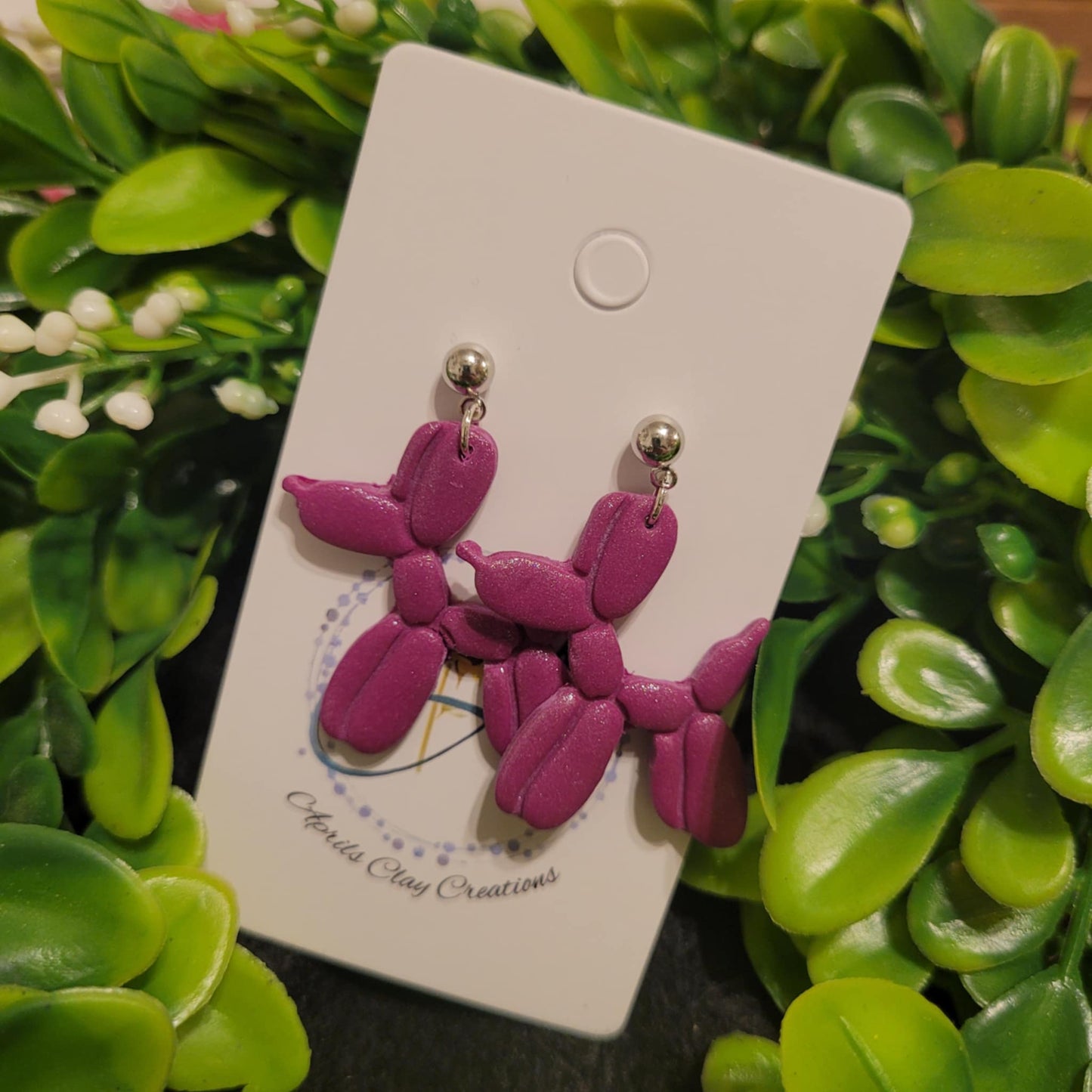 Dark Pink Balloon Dog Polymer Clay Earrings w/ silver ball stud