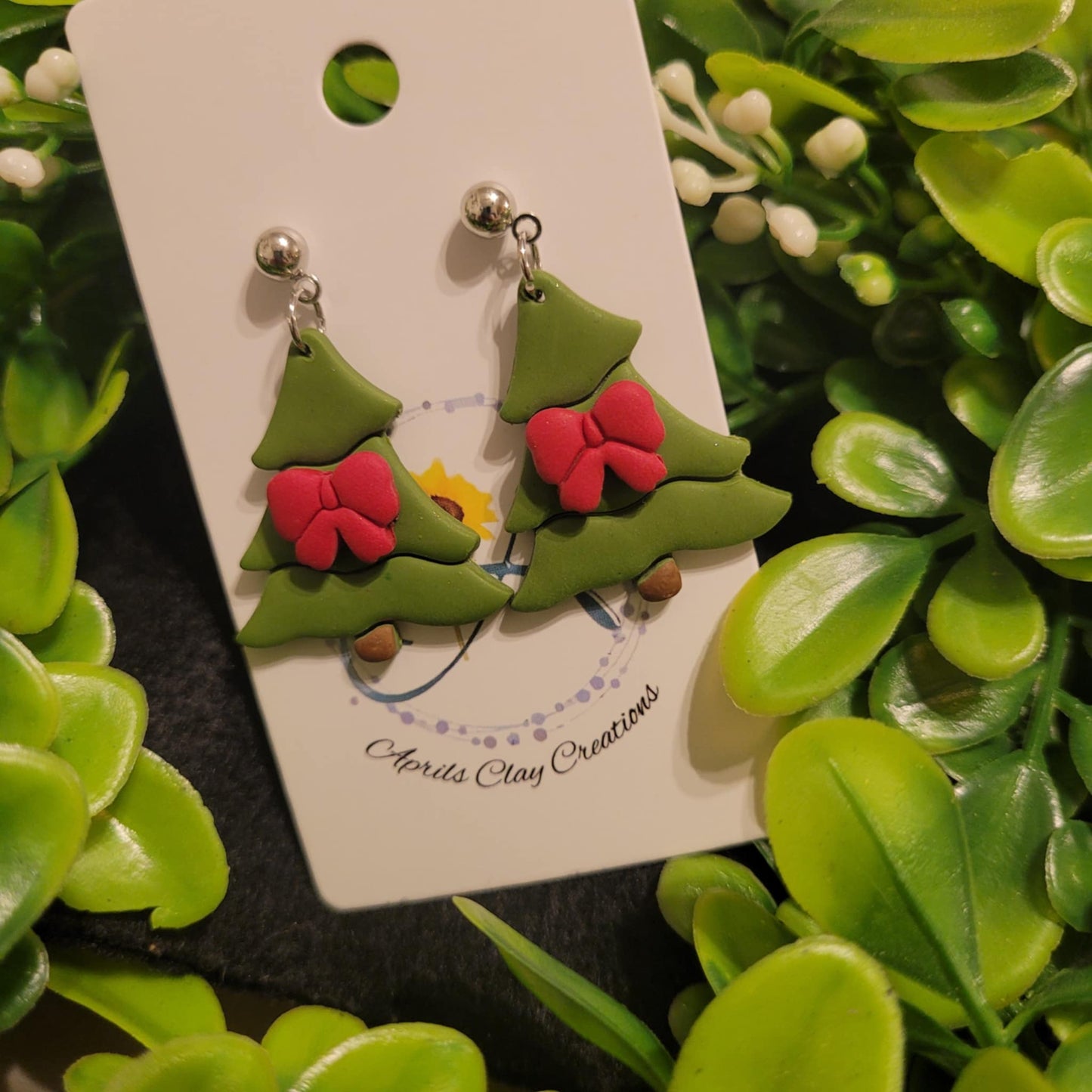 Christmas Tree w/ Bow Polymer Earrings w/ silver ball stud #1