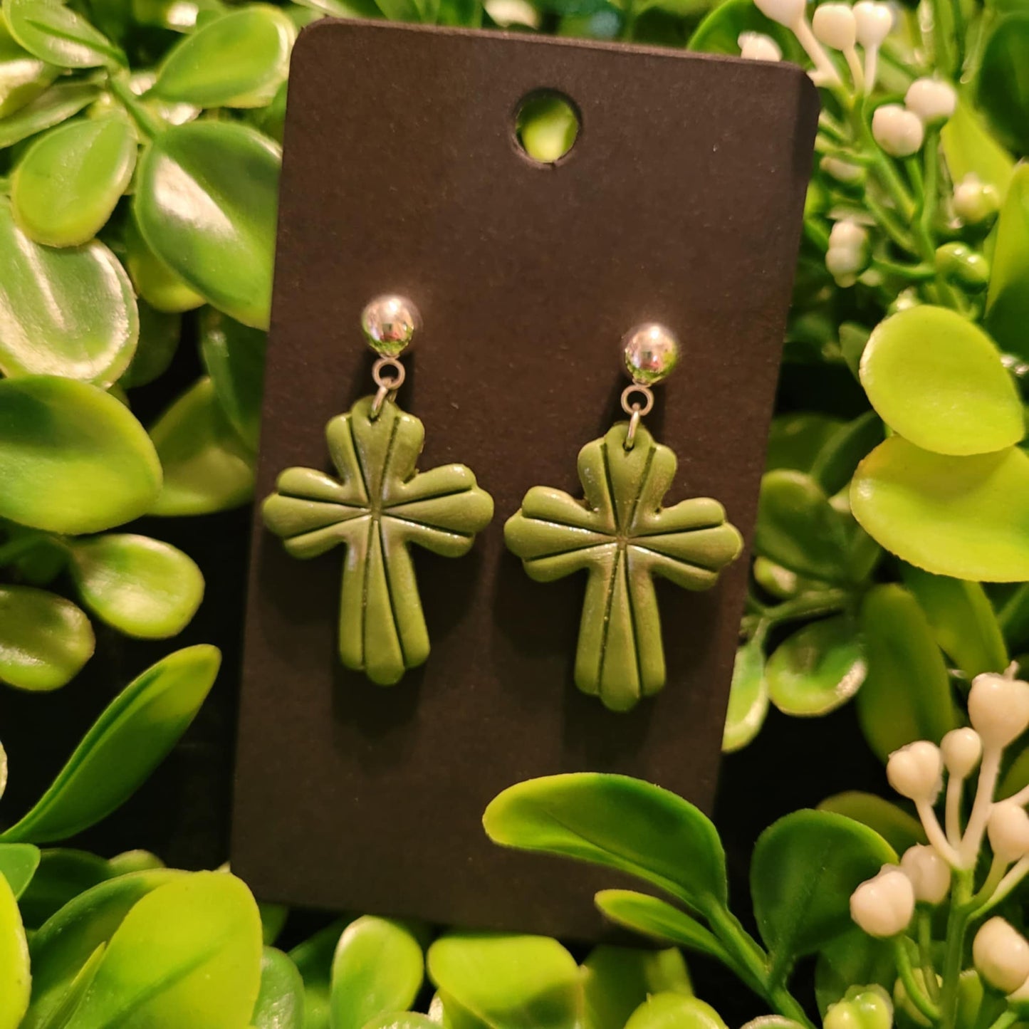 Sage Cross Polymer Clay Earrings w/ silver ball stud #1