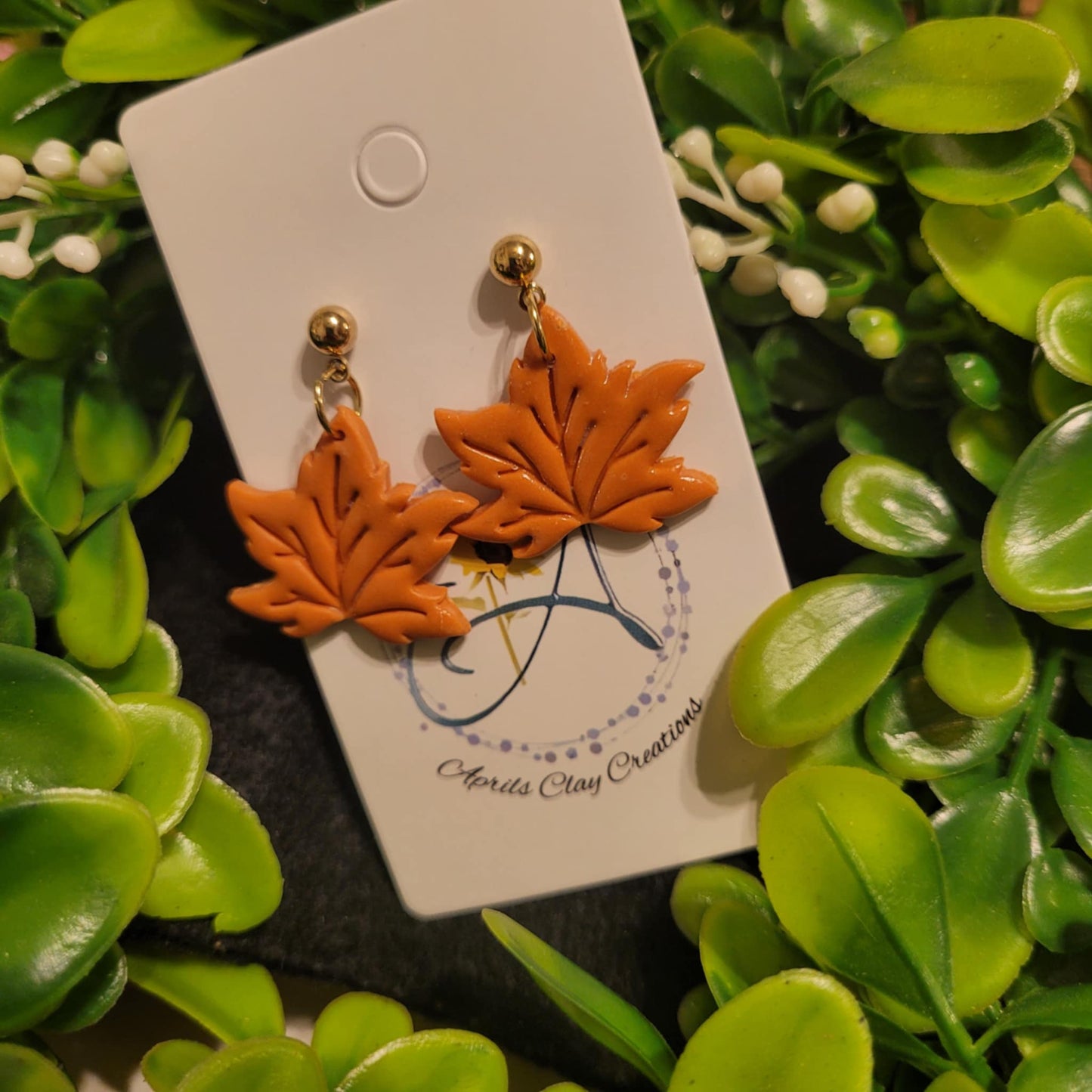 Orange Leaves Polymer Earrings w/ gold ball