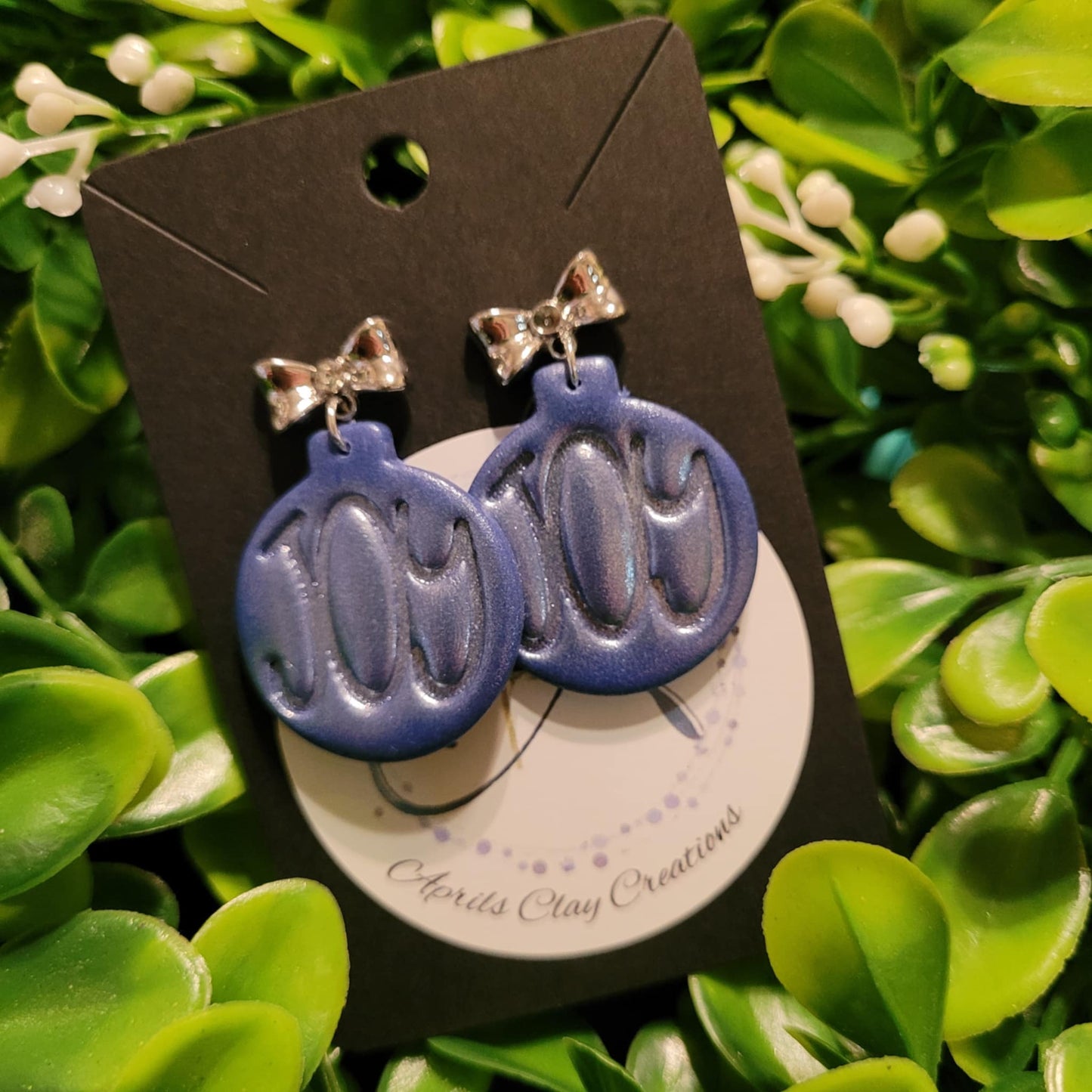 Blue Joy Christmas Ornament Polymer Clay Earrings w/ silver bow stud