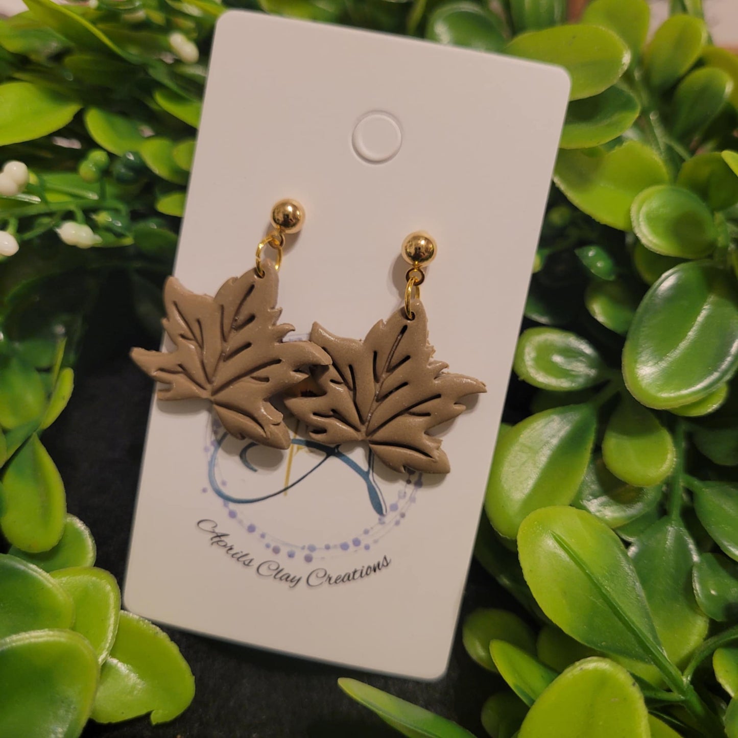 Light Tan Leaves Polymer Earrings w/ gold ball
