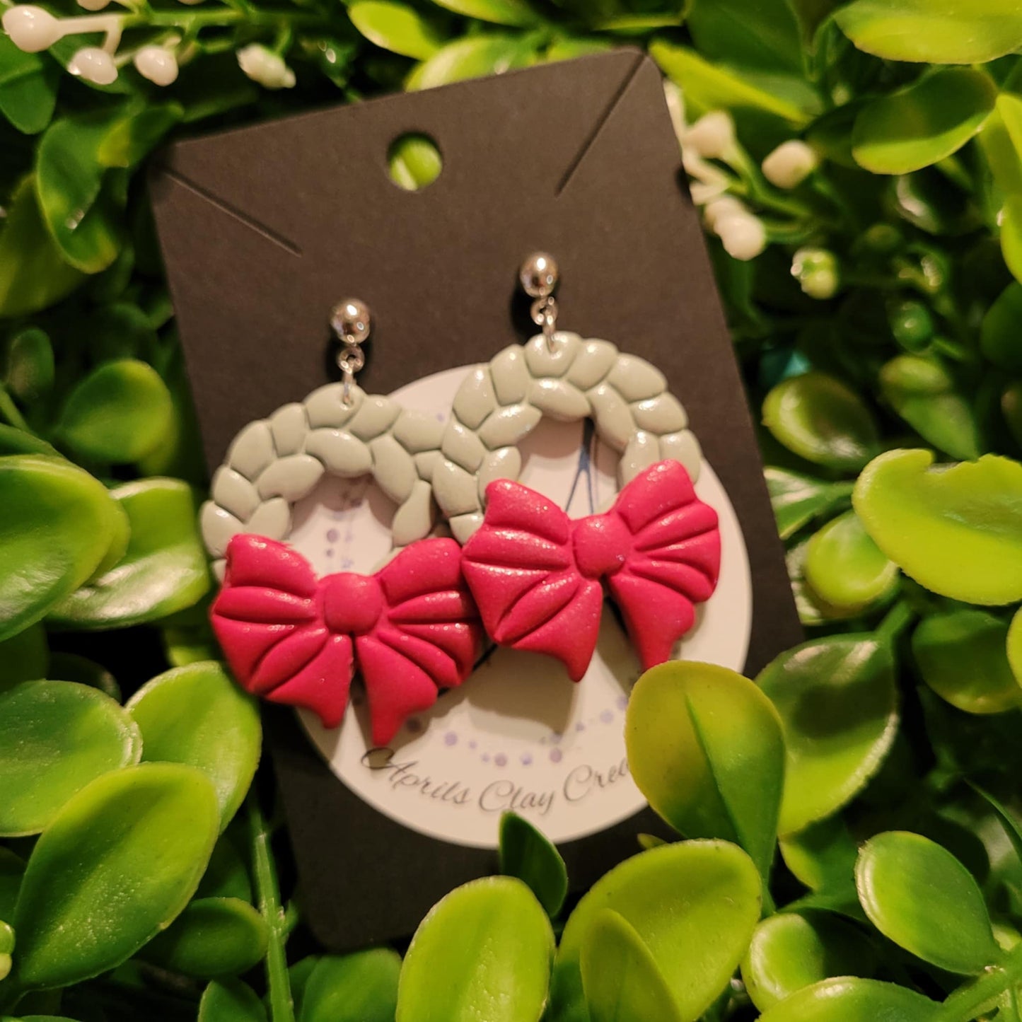 Sage Wreath w/ Red Bow Polymer Clay Earrings w/ silver ball stud