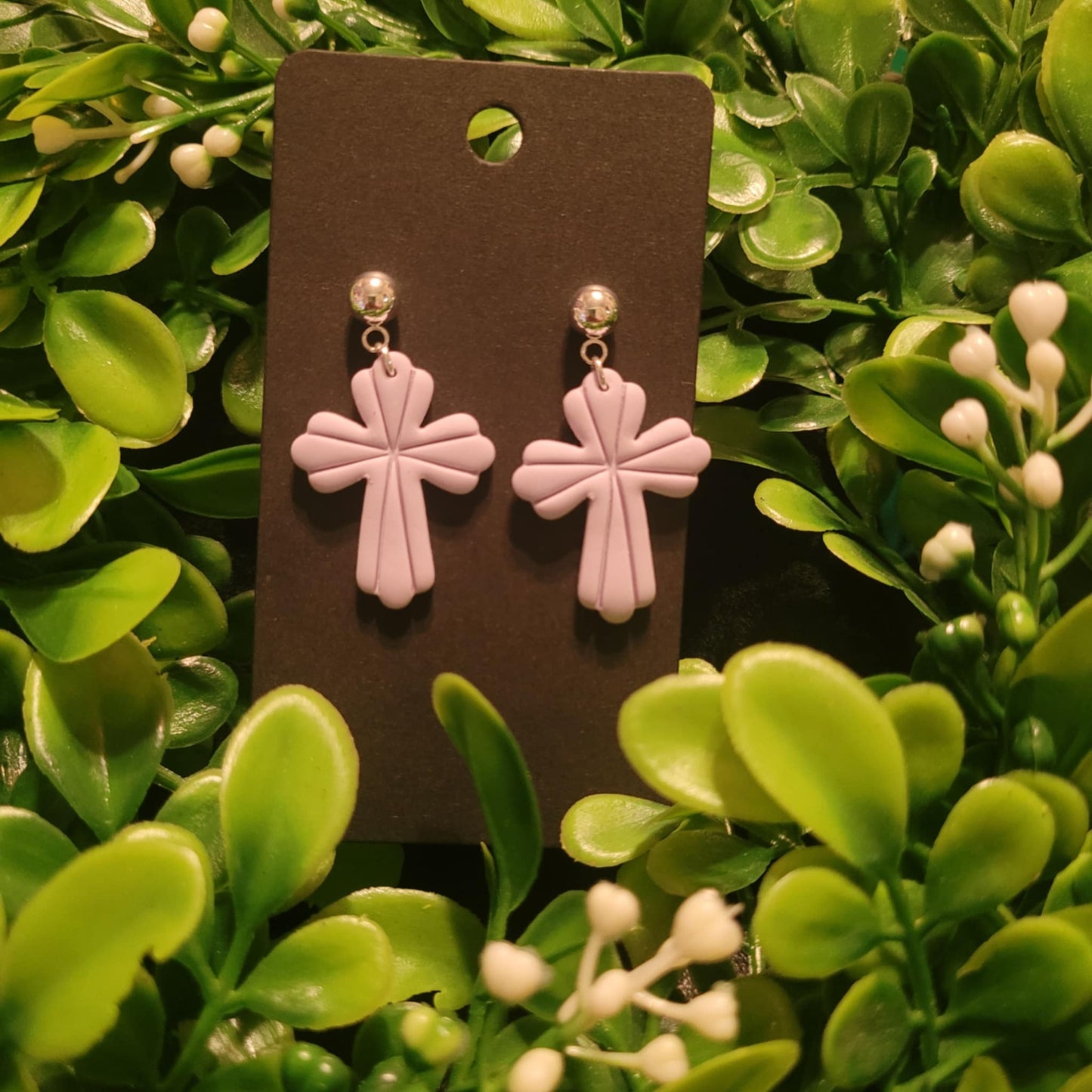 Lilac Cross Polymer Clay Earrings w/ silver ball stud