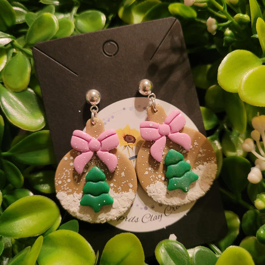 Snowglobe with pink bow Polymer Clay Earrings w/ silver ball stud