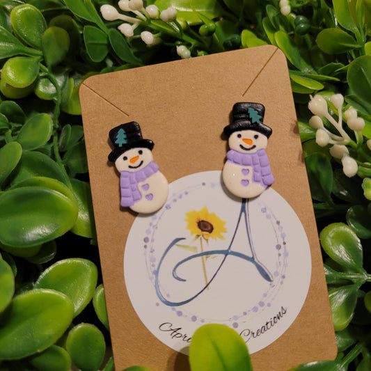 Polymer Clay Earring Studs Lilac Snowman