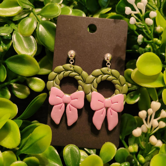 Wreath w/ Light Pink Bow Polymer Clay Earrings w/ silver ball stud