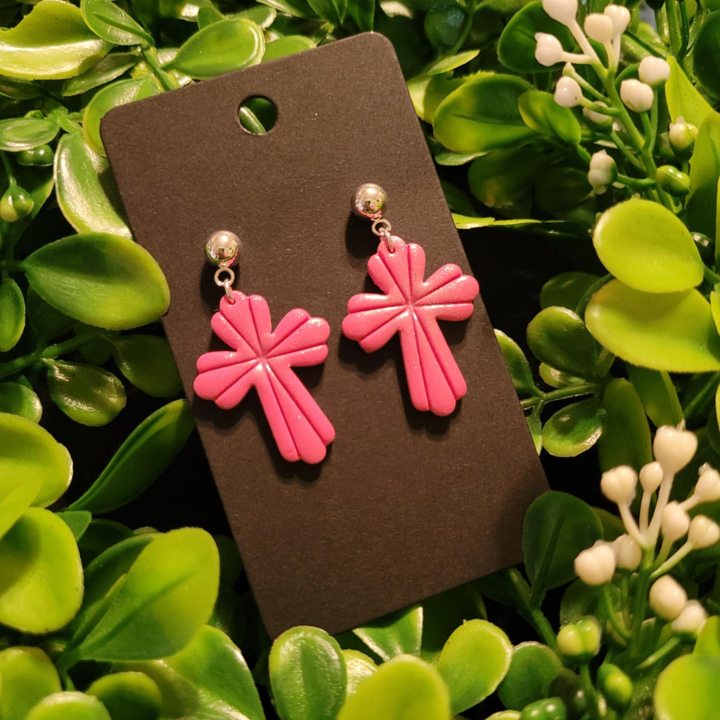 Dark Pink Cross Polymer Clay Earrings w/ silver ball stud #1