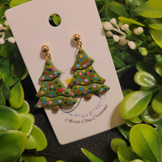 Christmas Tree Polymer Earrings w/ gold ball stud