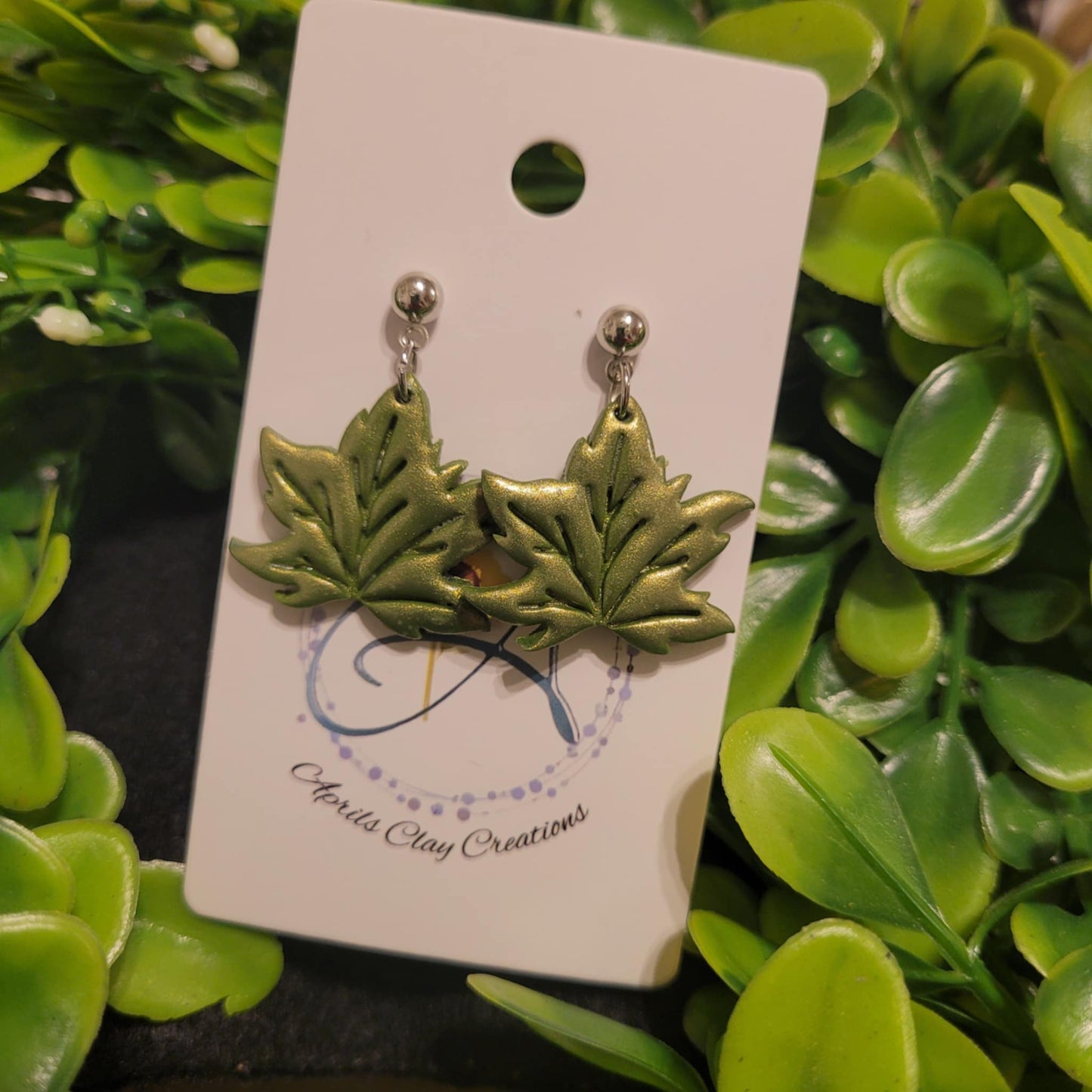 Green Leaves Polymer Earrings w/ silver ball