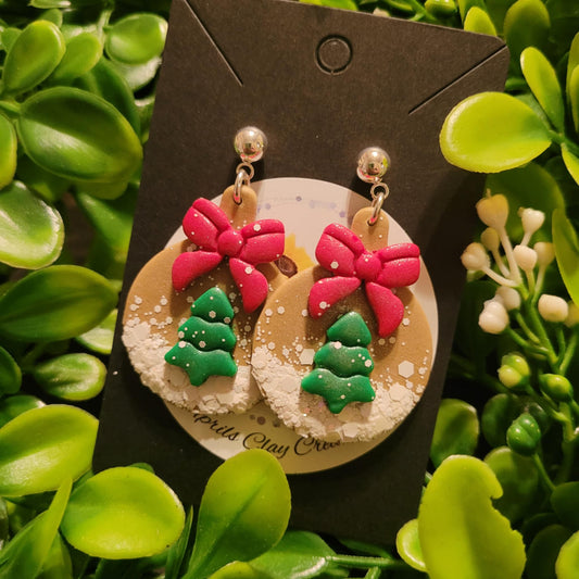 Snowglobe with red bow Polymer Clay Earrings w/ silver ball stud