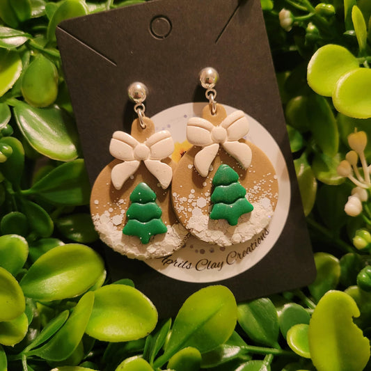 Snowglobe with white bow Polymer Clay Earrings w/ silver ball stud