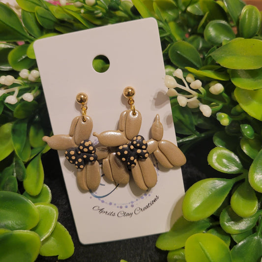 Tan, Black Bow w/ Brown Polka Dots Balloon Dog Polymer Clay Earrings w/ gold ball stud