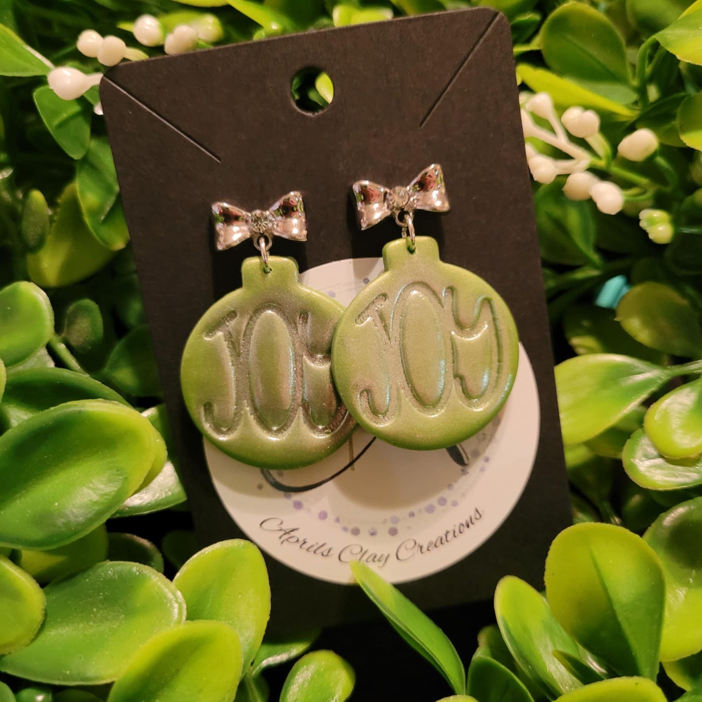 Green Joy Christmas Ornament Polymer Clay Earrings w/ silver bow stud