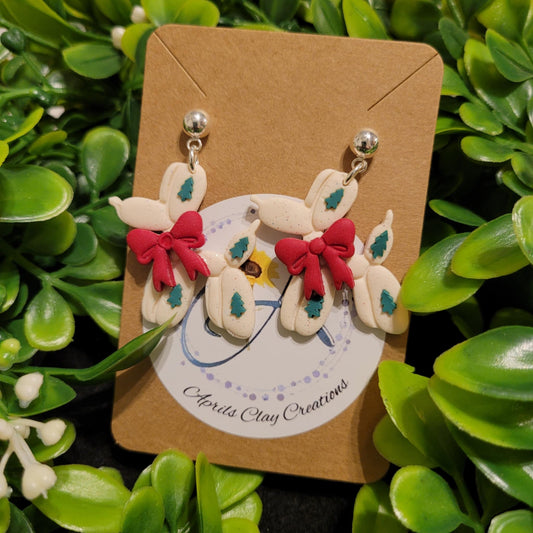 Tree Balloon Dog w/ Red Bow Polymer Clay Earrings w/ silver ball stud