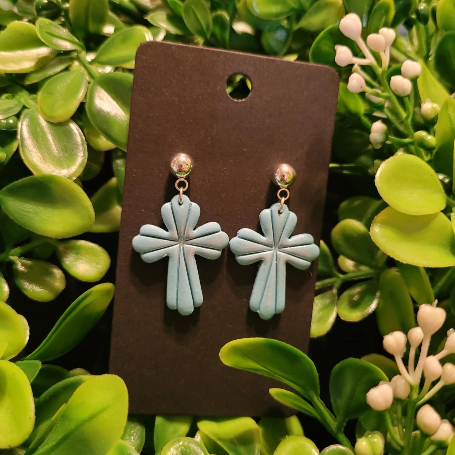 Light Blue Cross Polymer Clay Earrings w/ silver ball stud #1