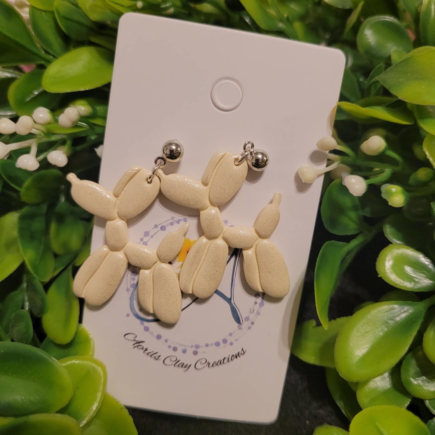 Ivory Balloon Dog Polymer Clay Earrings w/ silver ball stud