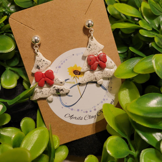 Silver and White Tree w/ red bow Polymer Clay Earrings w/ silver ball stud