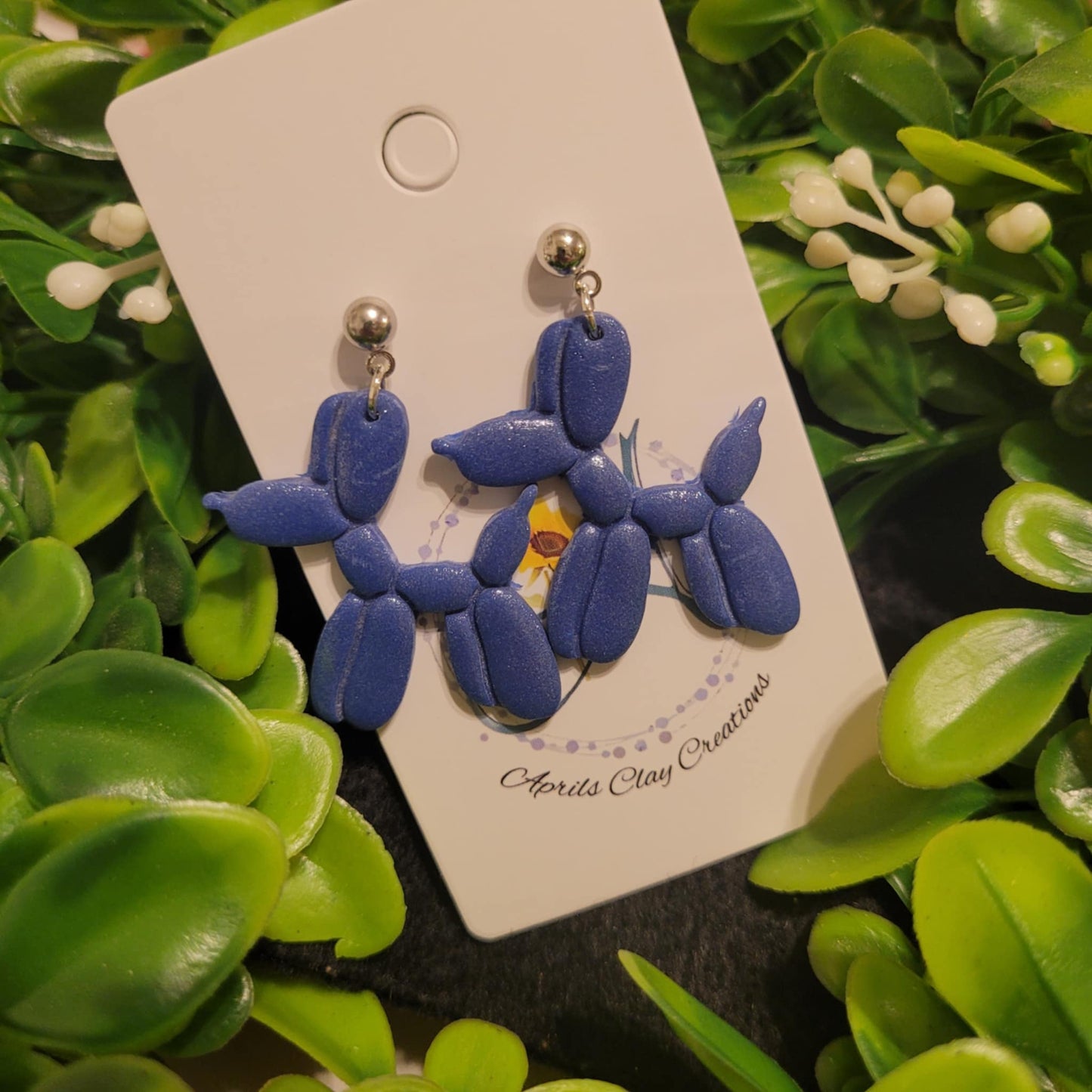 Dark Blue Balloon Dog Polymer Clay Earrings w/ silver ball stud