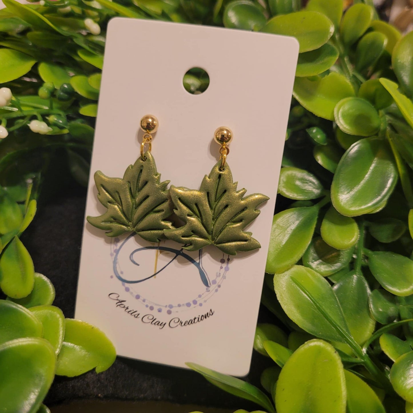 Green Leaves Polymer Earrings w/ gold ball