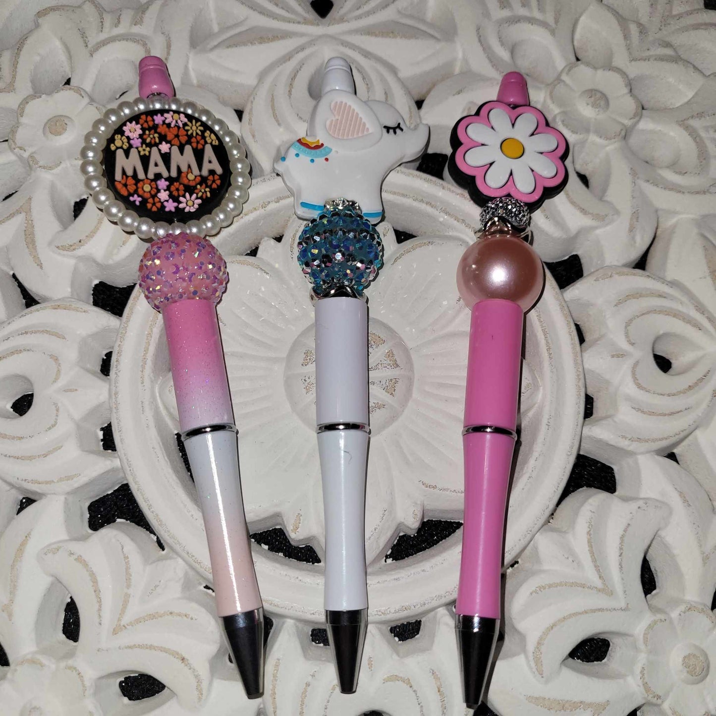 Pink & White Elephant, PInk Flower, and Pink and White Mama Pens