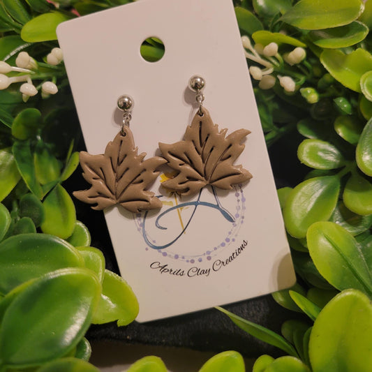Light Tan Leaves Polymer Earrings w/ silver ball