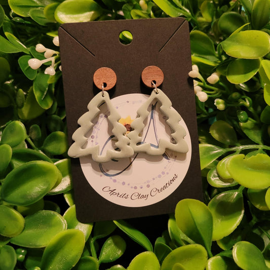 Sage Christmas Tree Polymer Clay Earrings w/ wooden button