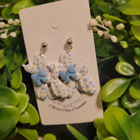 Blue Bow w/ Blue Polka Dots Balloon Dog Polymer Clay Earrings w/ silver ball stud