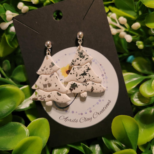 White Christmas Tree Polymer Clay Earrings w/ silver ball stud