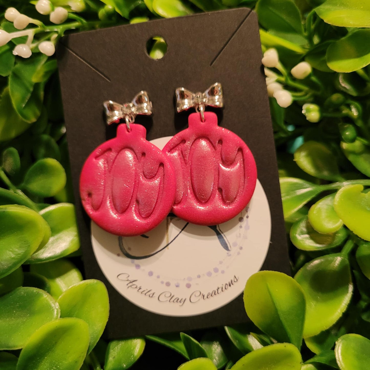 Red Joy Christmas Ornament Polymer Clay Earrings w/ silver bow stud