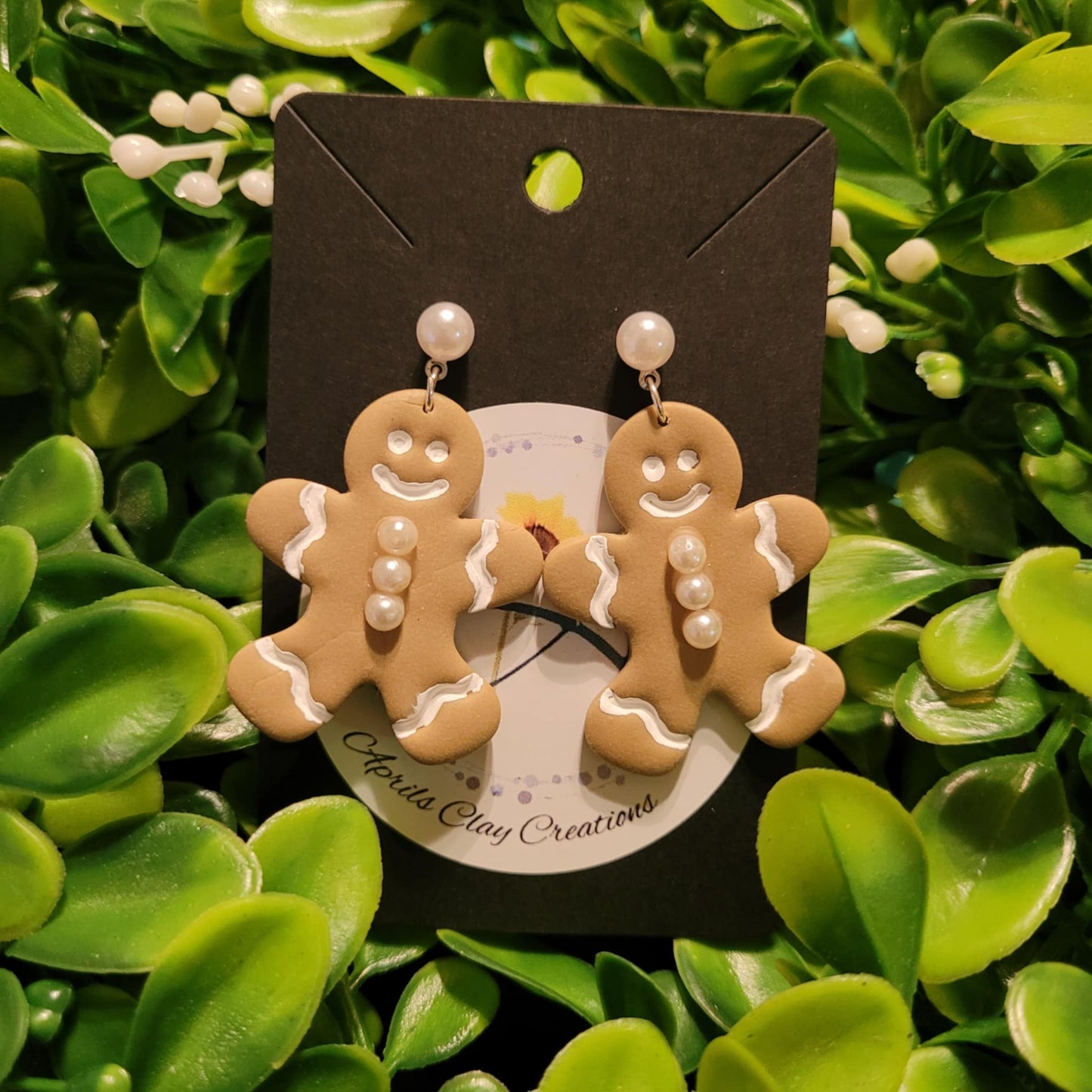 Gingerbread Man Polymer Clay Earrings w/ Pearl ball stud