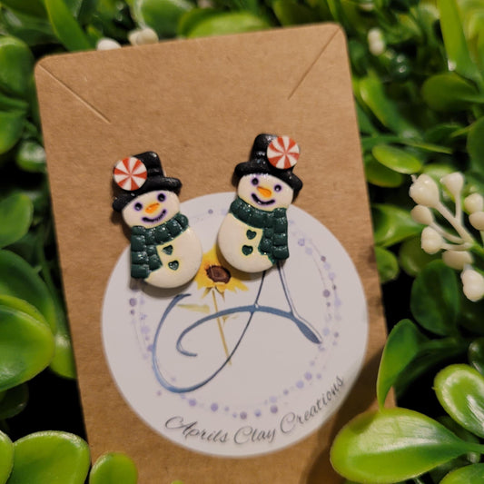 Polymer Clay Earring Studs Green Snowman
