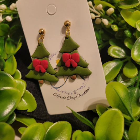 Christmas Tree w/ Bow Polymer Earrings w/ gold ball stud