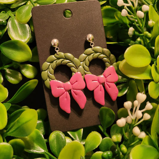 Wreath w/ Dark Pink Bow Polymer Clay Earrings w/ silver ball stud