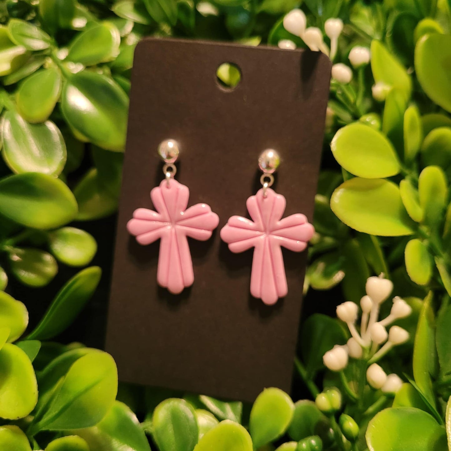 Light Pink Cross Polymer Clay Earrings w/ silver ball stud #2
